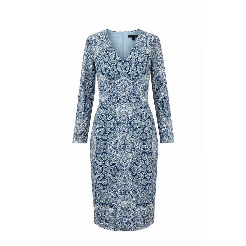 Maggy London Blue Paisley Sheath Dress Long Sleeve Size 6 Stretch Lined